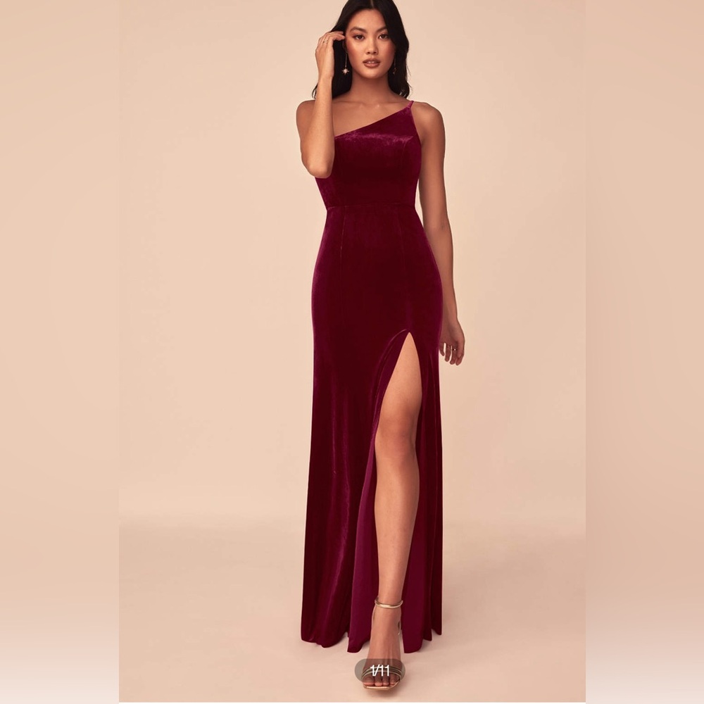 Azazie Cherry Red Burgundy Velvet One Shoulder Slit Formal Gown